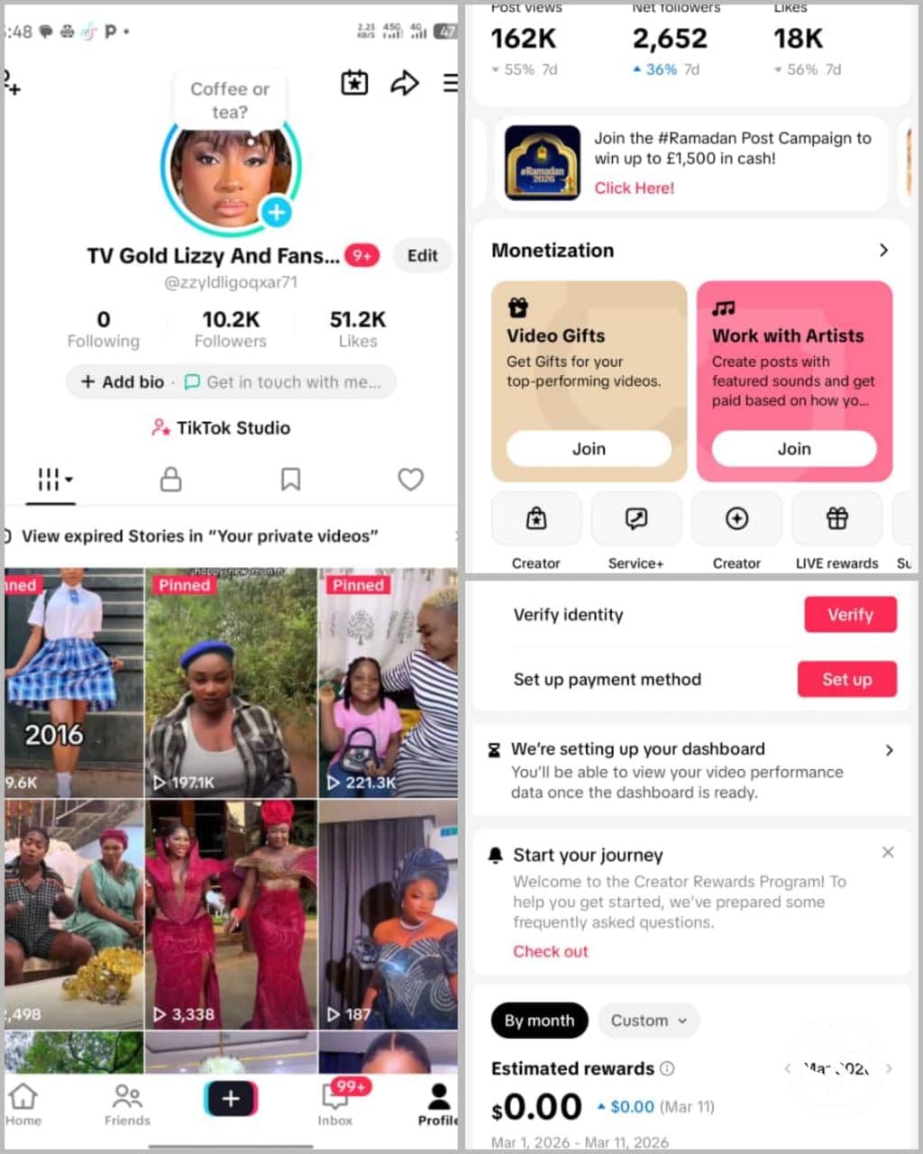 Established Monetize UK tiktok account