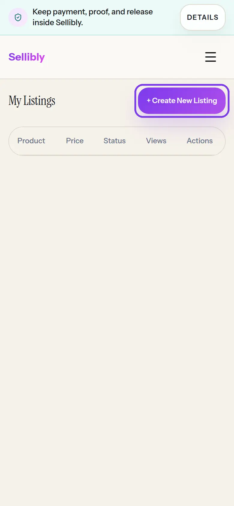 My Listings with the Create New Listing button outlined