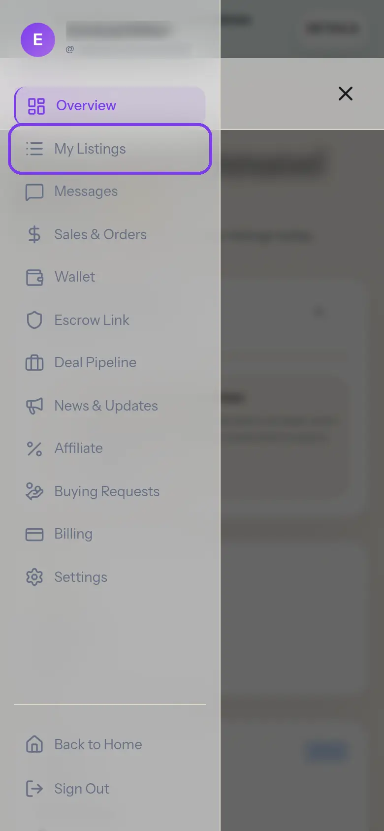 The dashboard menu with My Listings outlined