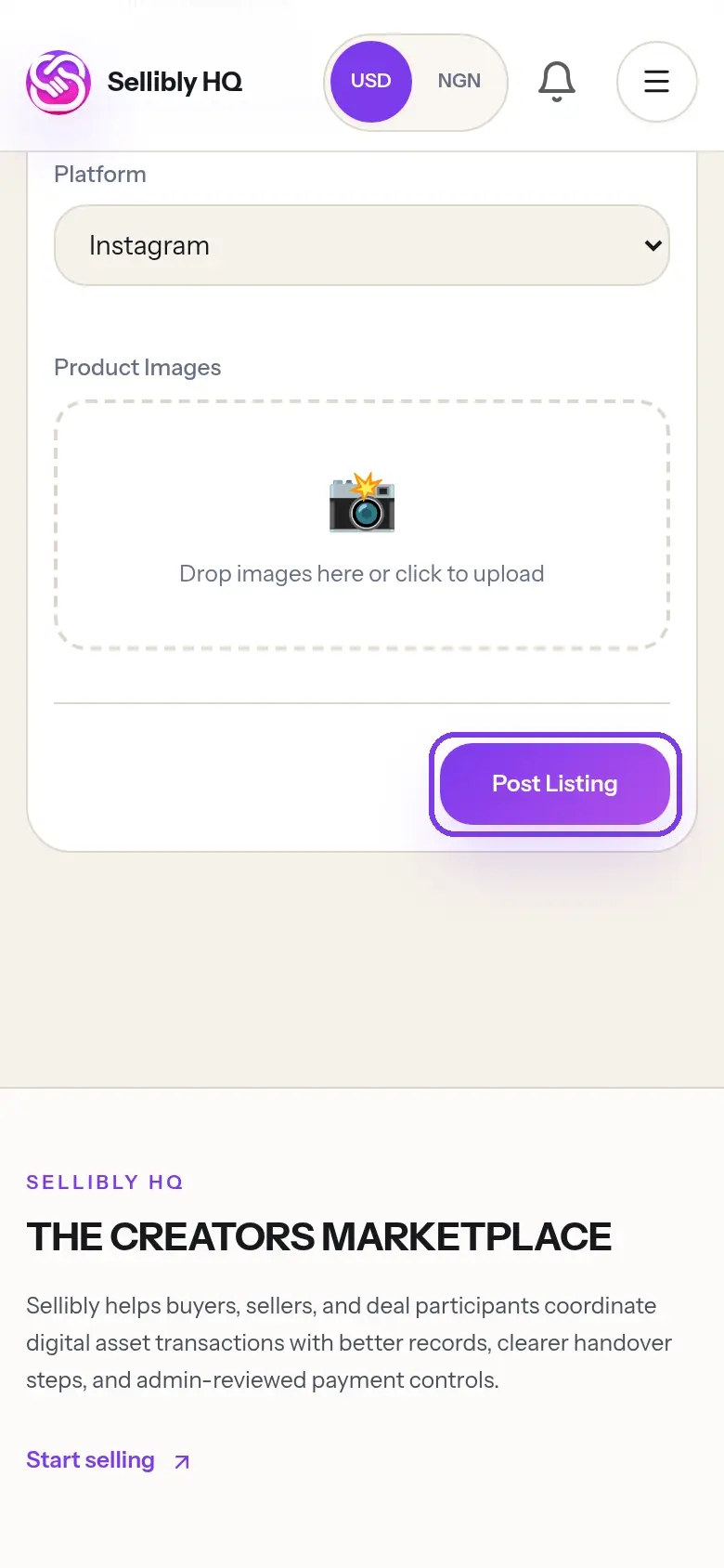 The Post Listing button at the bottom of the form, outlined