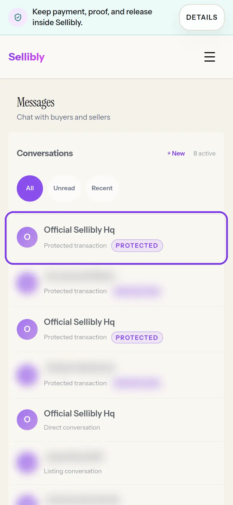 The Messages inbox with a conversation outlined (other names blurred)