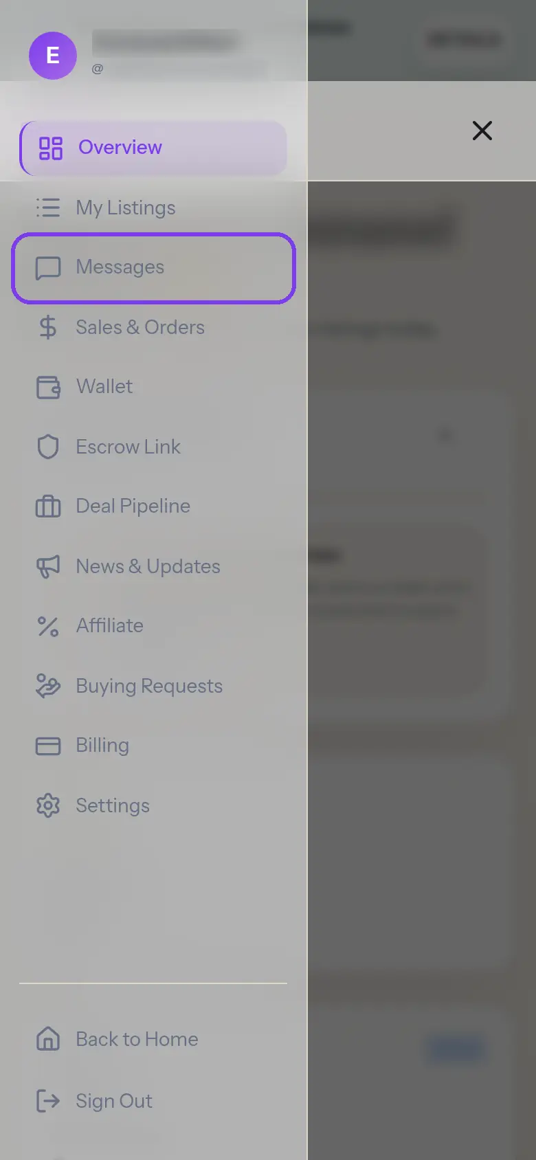 The dashboard menu with Messages outlined