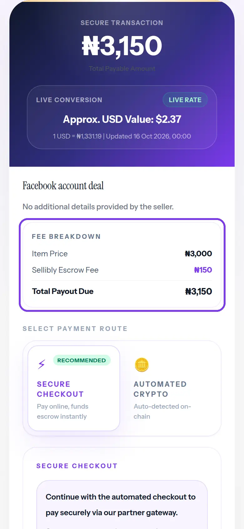 The fee breakdown showing item price, escrow fee and total, outlined
