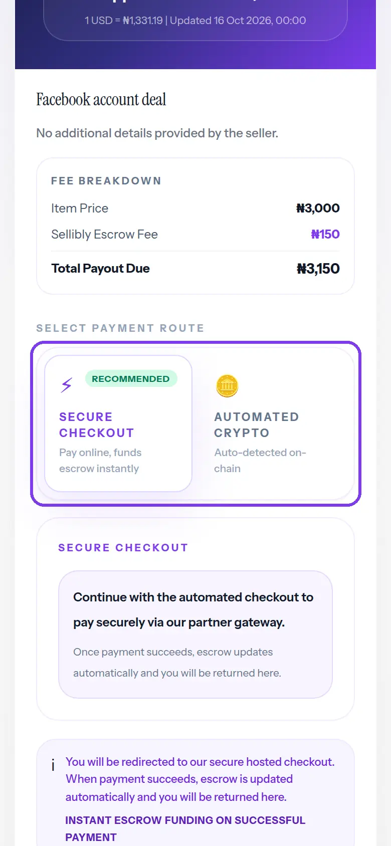 The Select payment route tiles, Secure Checkout and Automated Crypto, outlined