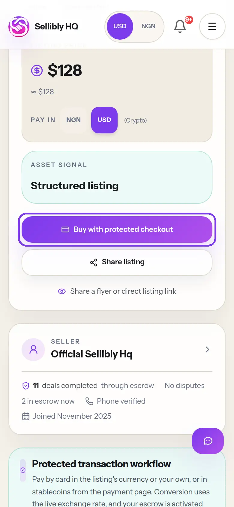 A Sellibly listing with the Buy with protected checkout button outlined