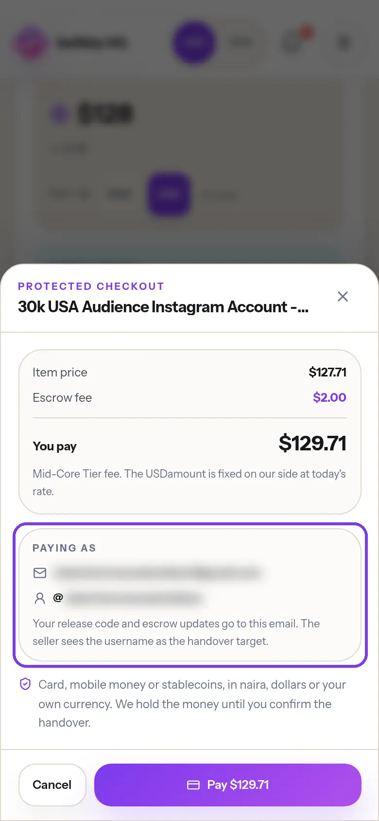 The protected checkout sheet with the Paying as box outlined