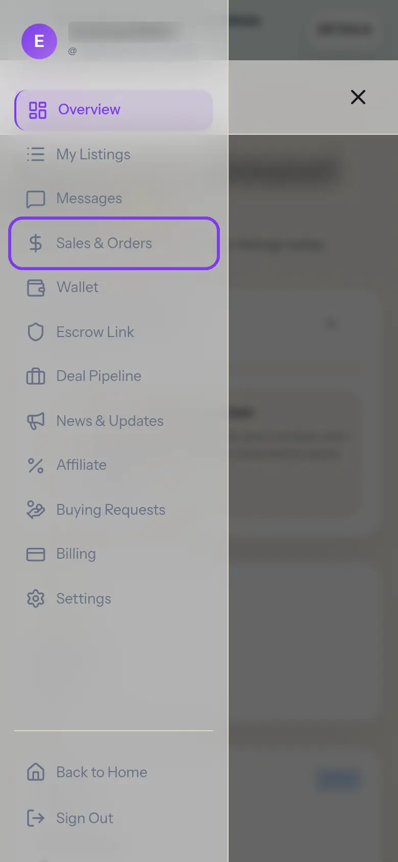 The dashboard menu with Sales & Orders outlined