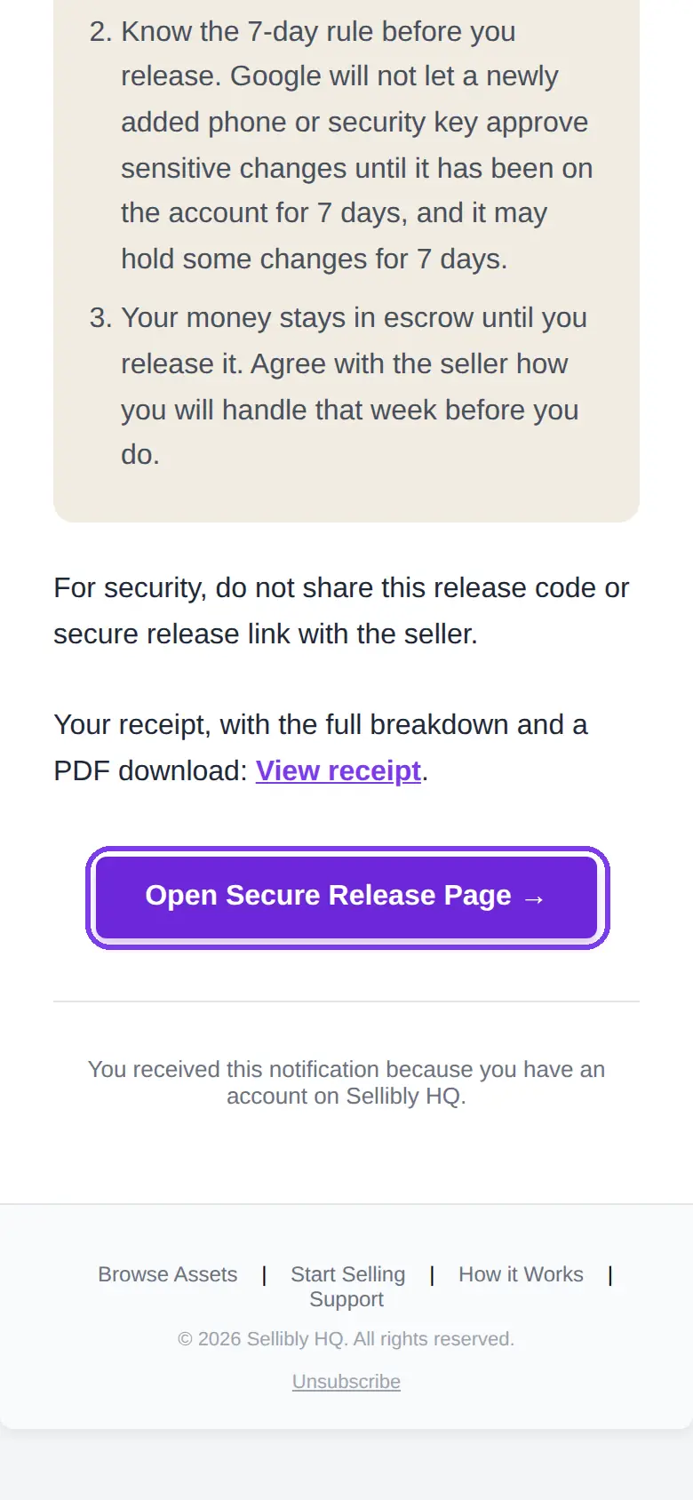 The Open Secure Release Page button in the email, outlined