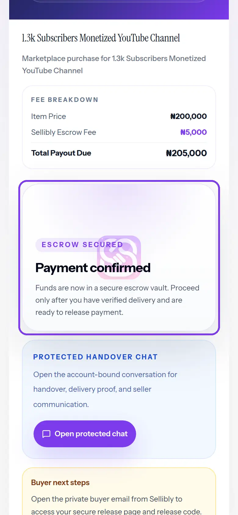 The deal page showing Payment confirmed and Escrow secured