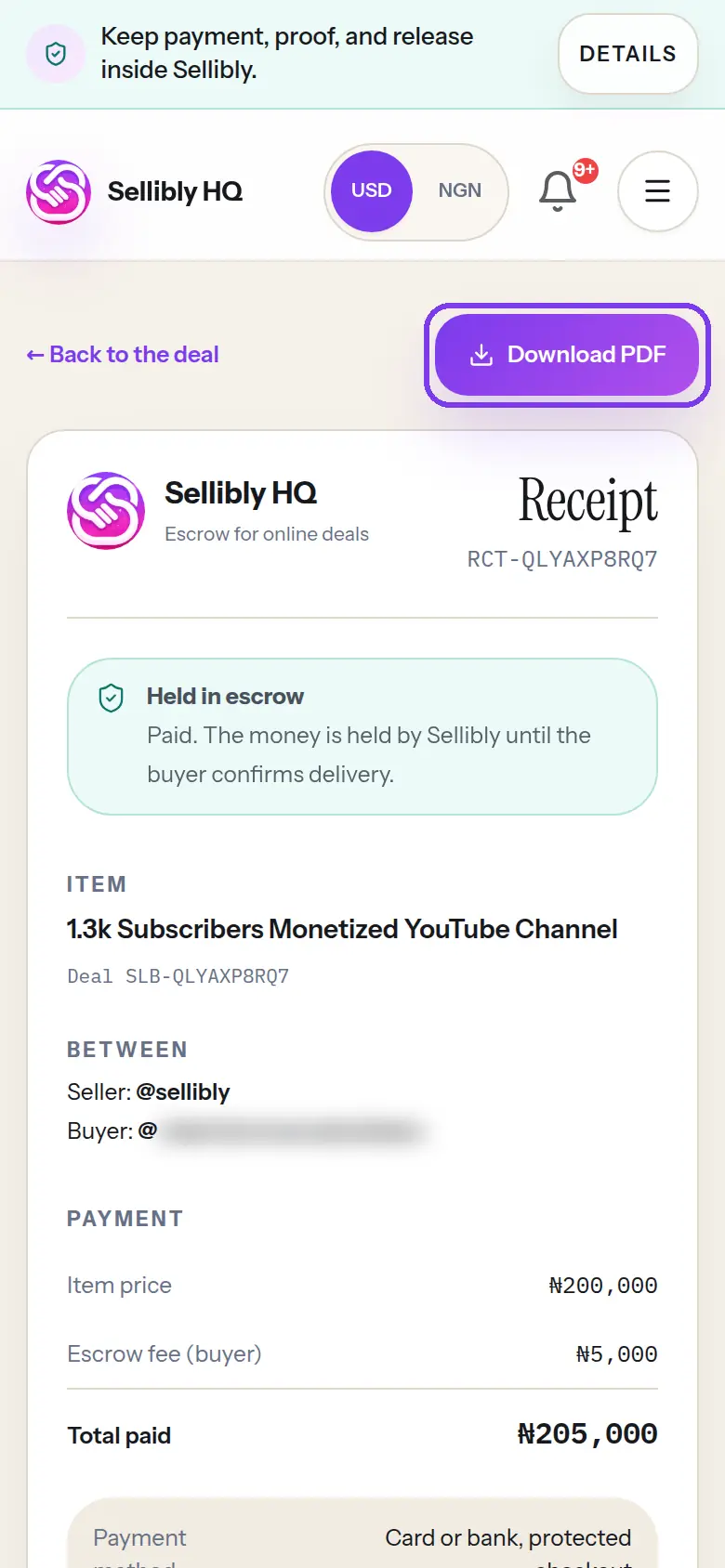 A Sellibly receipt with the Download PDF button outlined