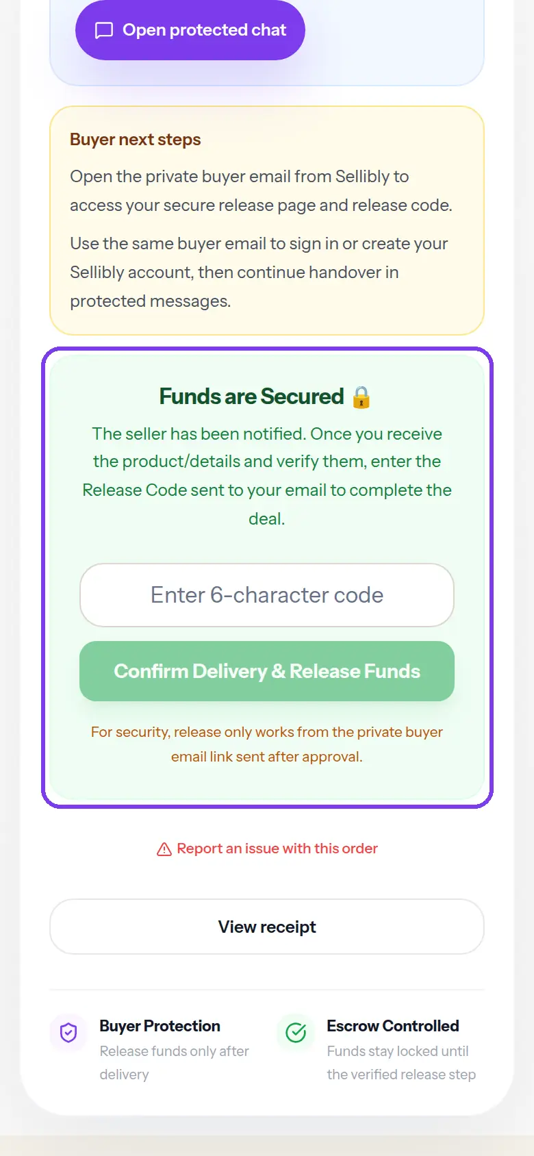 The Funds are Secured box where the release code is entered, outlined