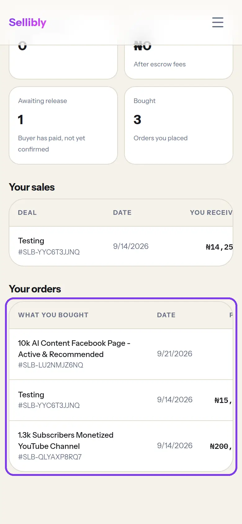 The Your orders table on Sales & Orders, outlined