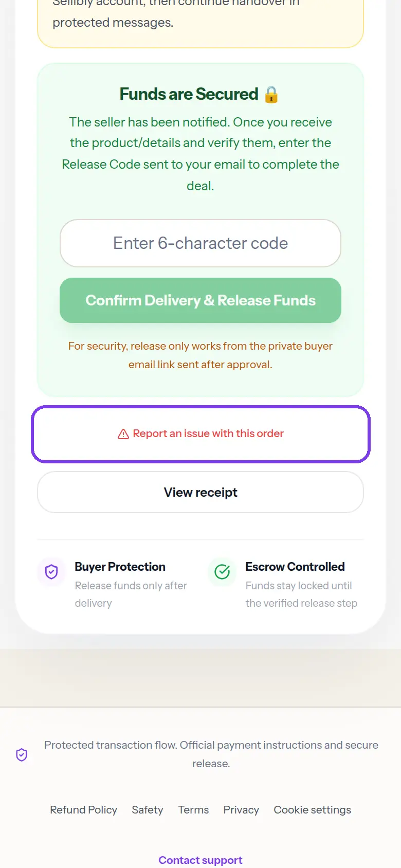 The Report an issue with this order button, outlined