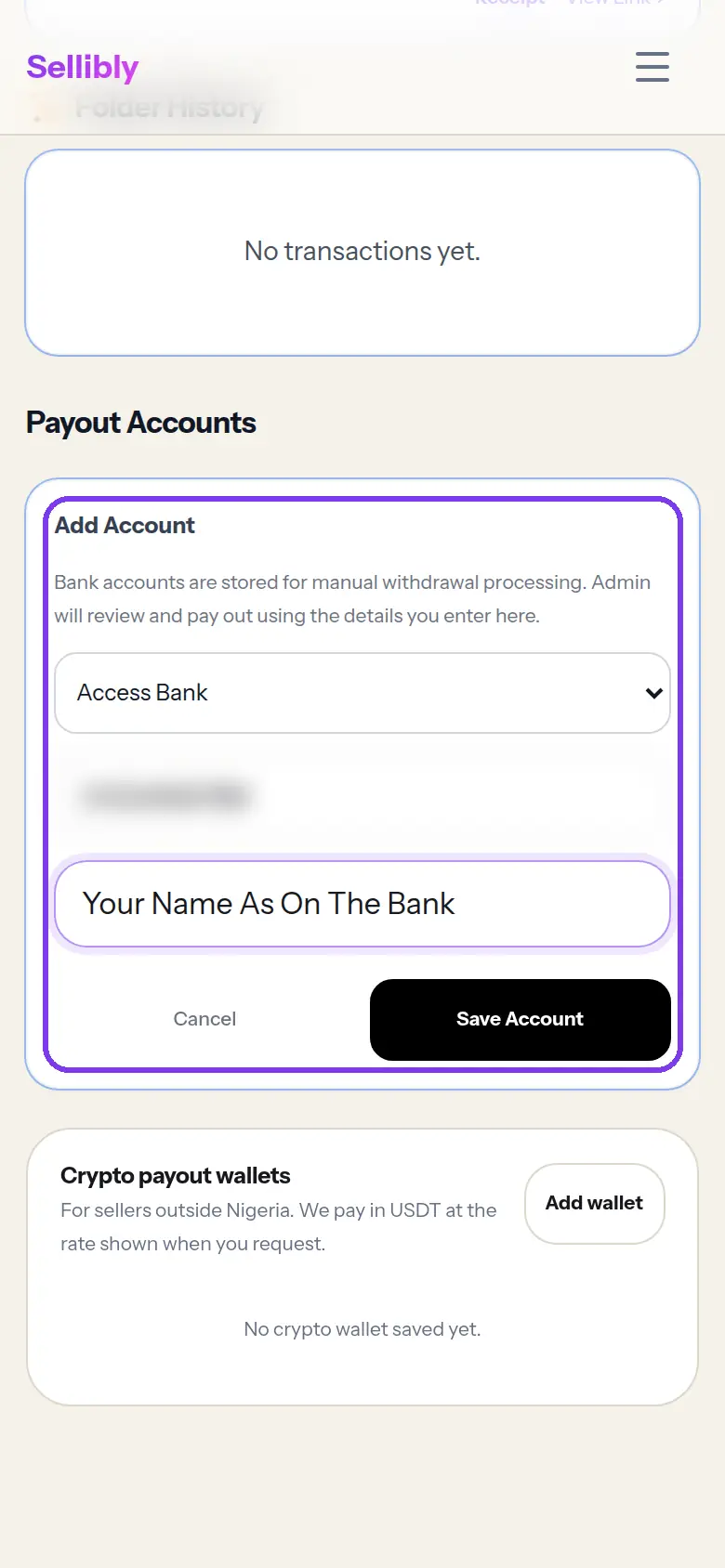 The Add Account form with bank, account number and name, outlined