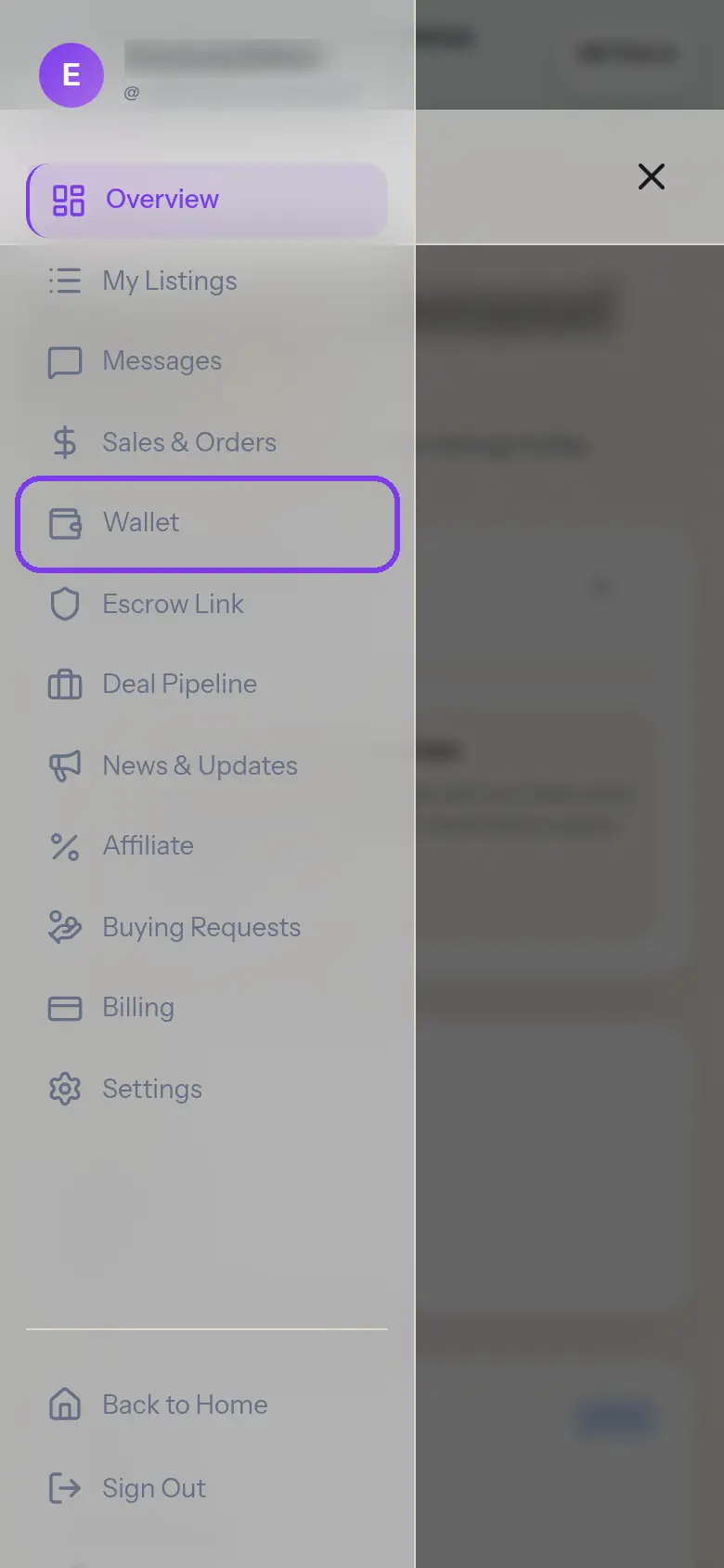 The dashboard menu with Wallet outlined