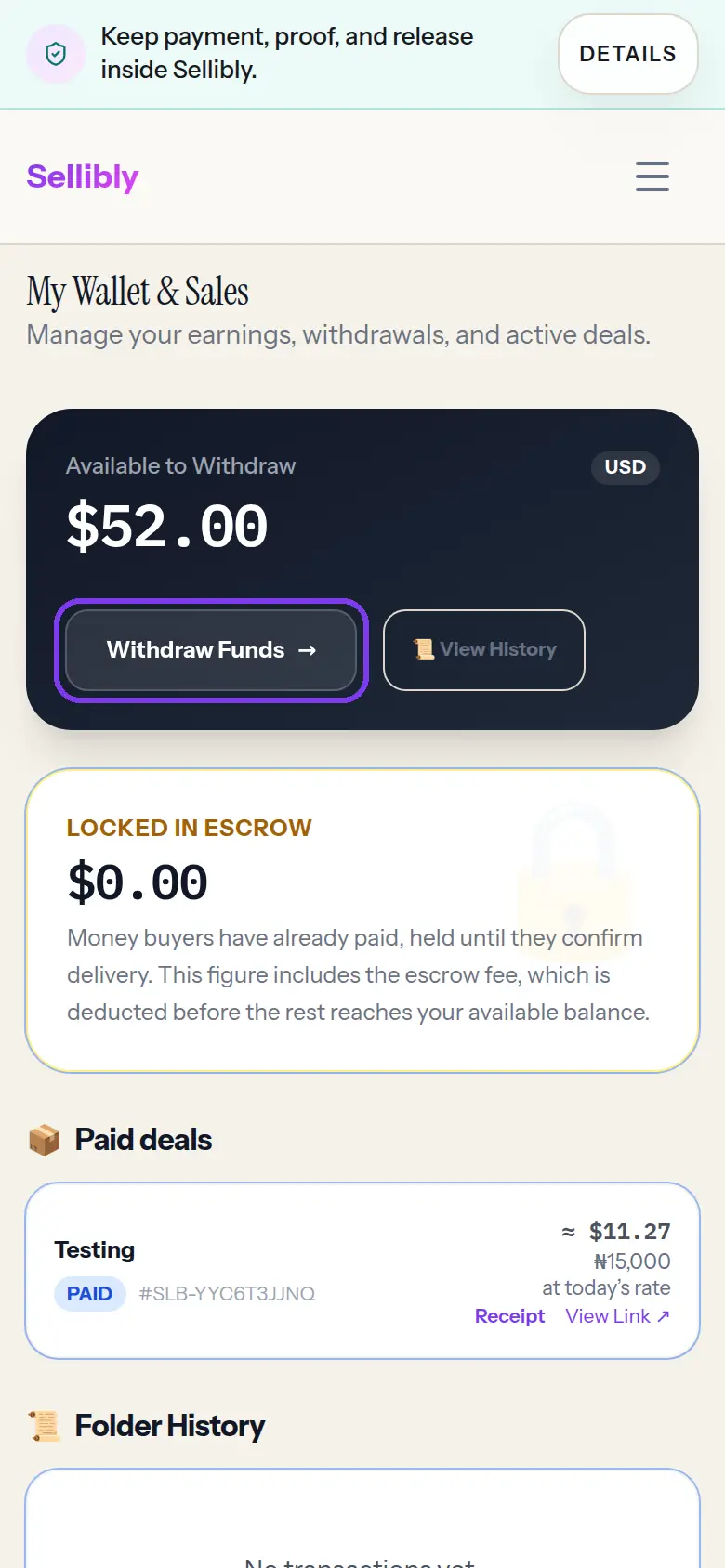The Withdraw Funds button on the balance card, outlined